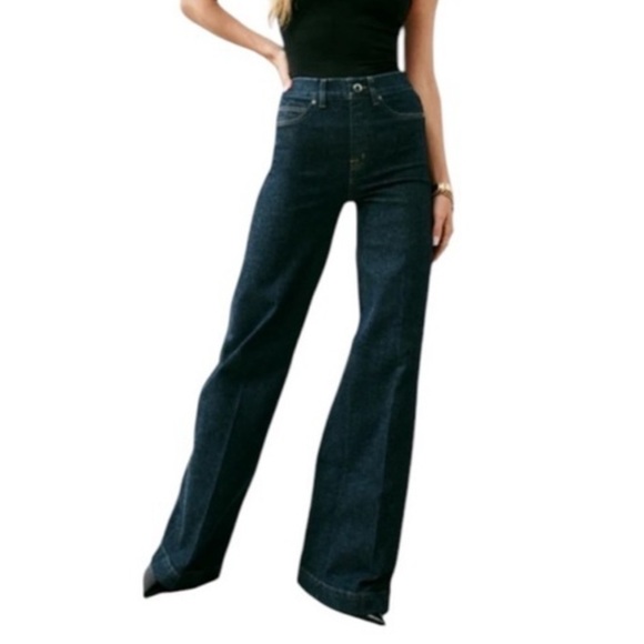 SPANX Denim - SPANX EveryWear Raw Indigo Dark Blue‎ Wide Leg Pull On Jeans Medium